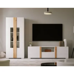 Mueble TV Blanco nieve 180 Puzzle tirador Roble, 180x50x42 cm