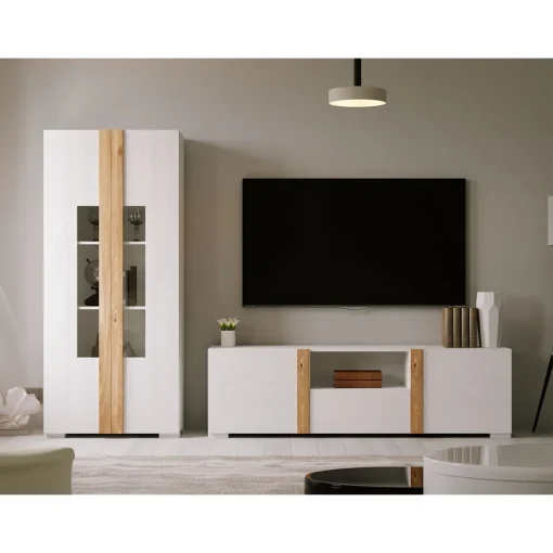 Mueble TV Blanco nieve 180 Puzzle tirador Roble, 180x50x42 cm