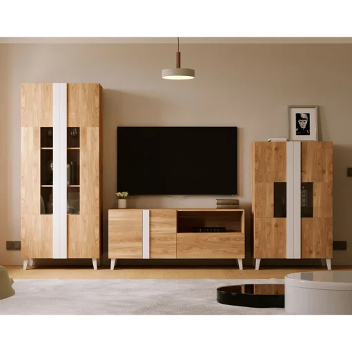 Mueble TV Roble 140 Puzzle tirador Blanco nieve, 140x50x42 cm